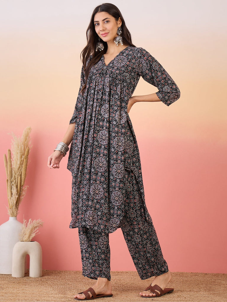 Women's Black Maroon Ajrakh Foil V Neck Flared Kurta Pant Set