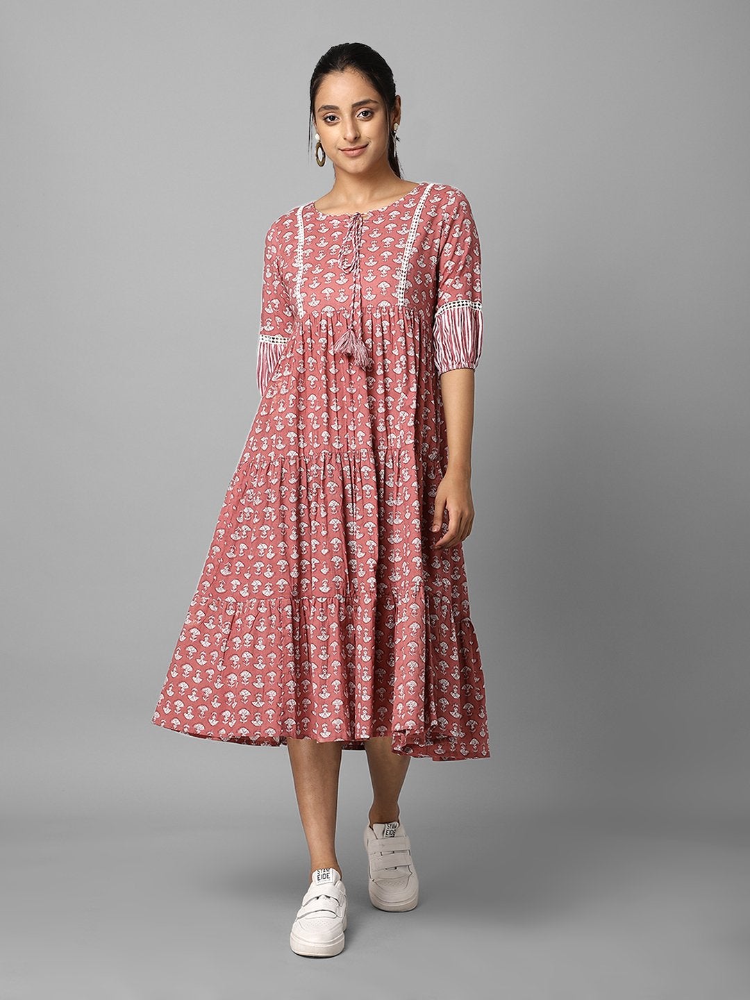 Women's Pink Floral Printed Triered A-Line Dress