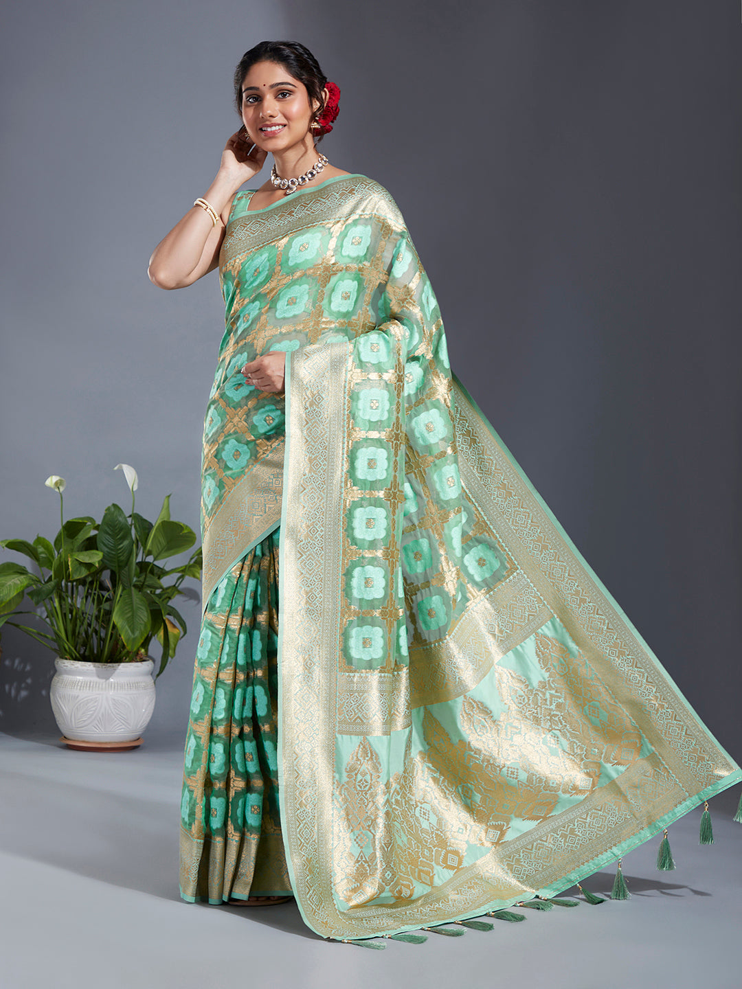 Women's Turquoise Blue & Gold Satin Paisley Zari With Beautiful Ethnic Motifs Banarasi Saree - Royal Dwells