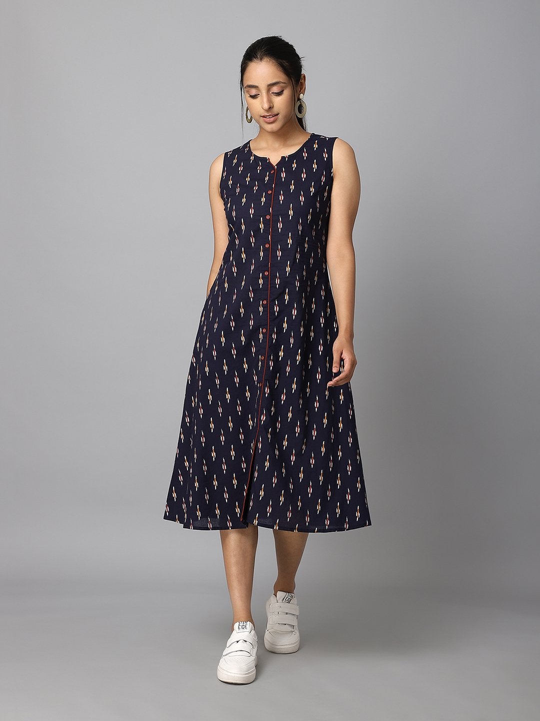 Women's Navy Blue Ikkat Printed A-Line Dress Having Pocket