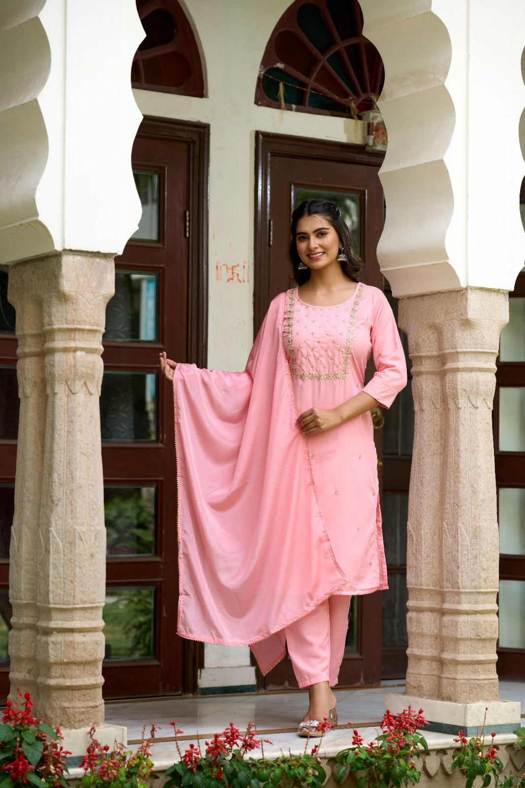 Women's Round Neck Embroidered Work Rayon Slub Fabric Kurta Pant Set Comes With Chinnon Dupatta - Taantav