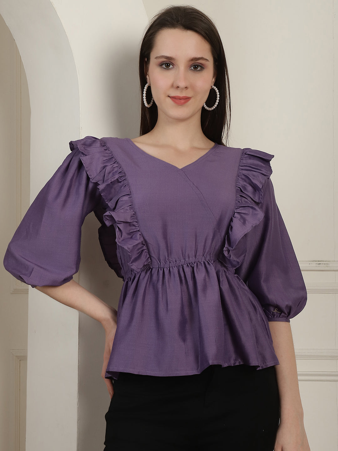 Women's Purple Solid Women's Top With Frills - Taantav