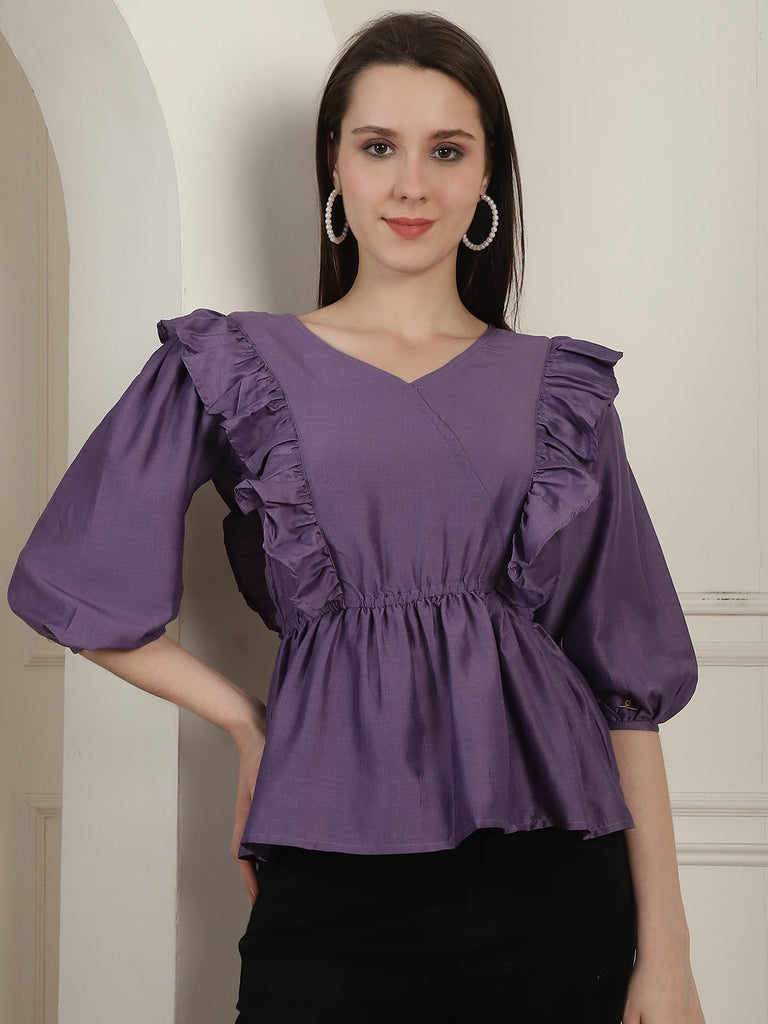 Women's Purple Solid Women's Top With Frills