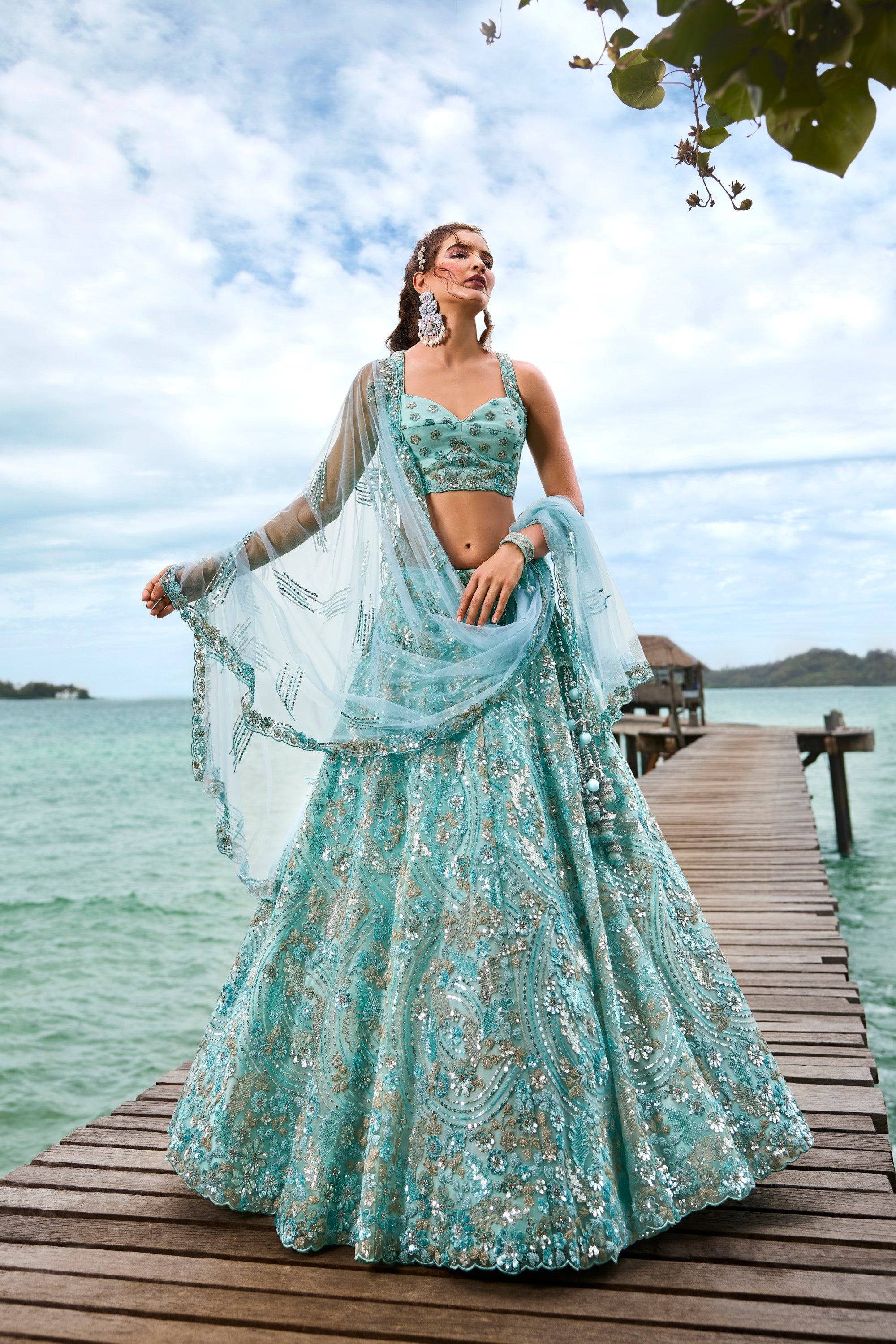 Women's Turquoise Blue Net Sequins And Zarkan Embroidery Lehenga Choli & Dupatta - Royal Dwells