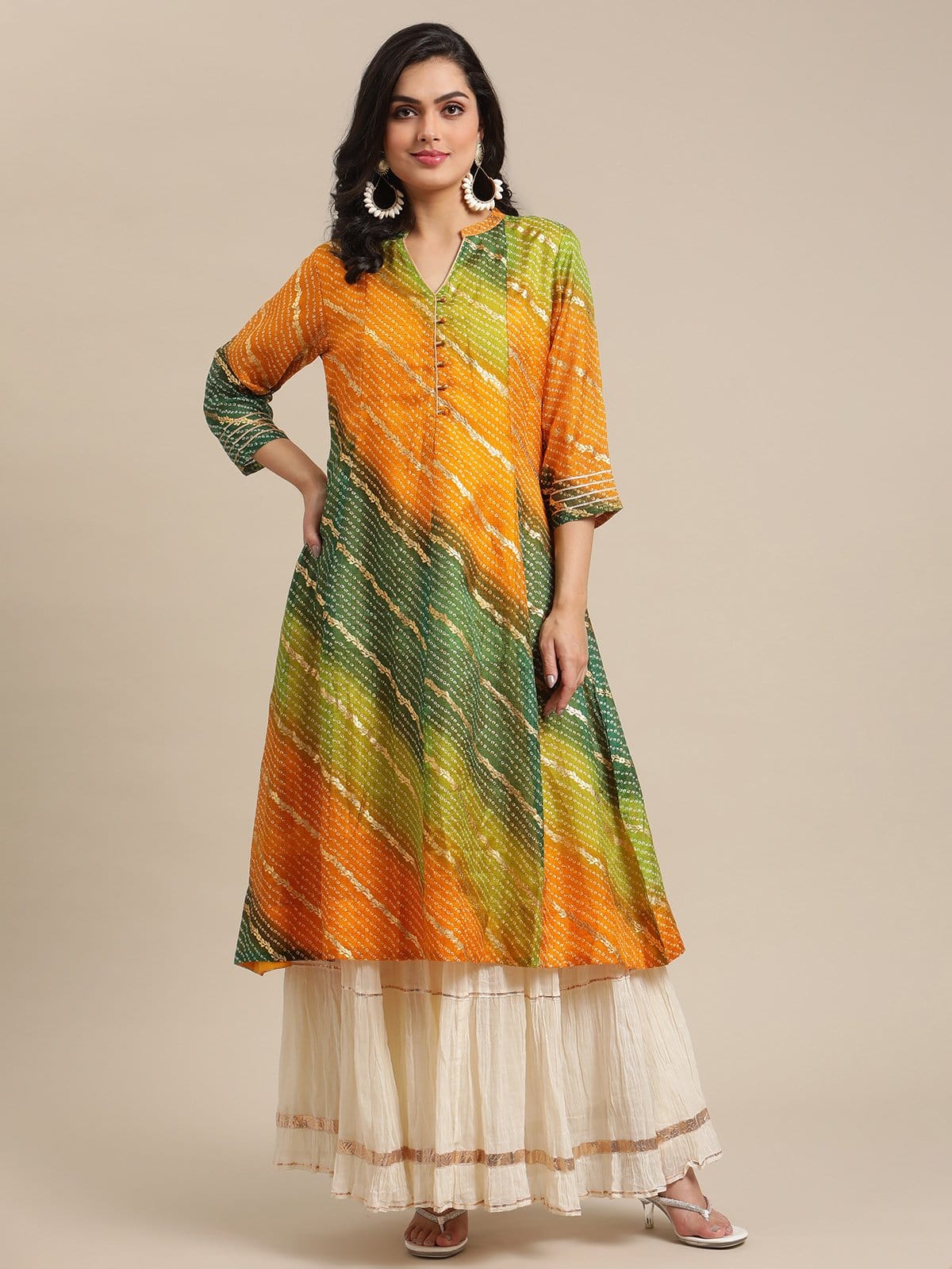Women's Mustard And Lime Bandhej Foil Printed