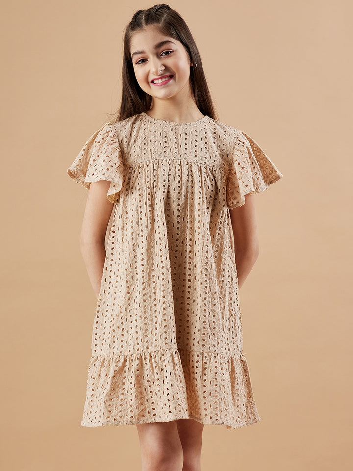 Girl's Beige Cotton Solid Dress