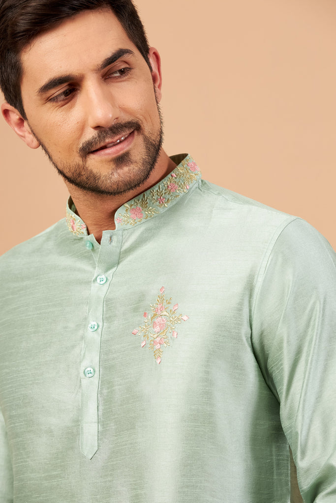 Men's Pastel Green Color Amil Traditional Embroidered Kurta Semi Raw Silk Mix