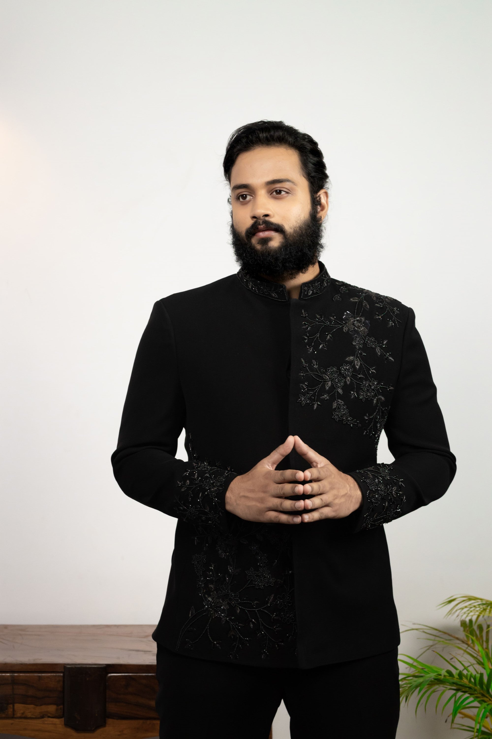Men's Black Color Bandhgala Suit - Hilo Design