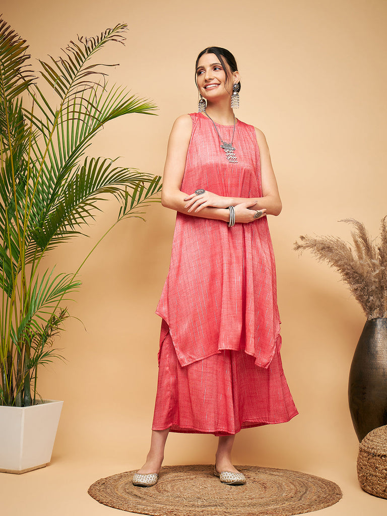 Women's Red Lurex Short Pallazo Kurta Set