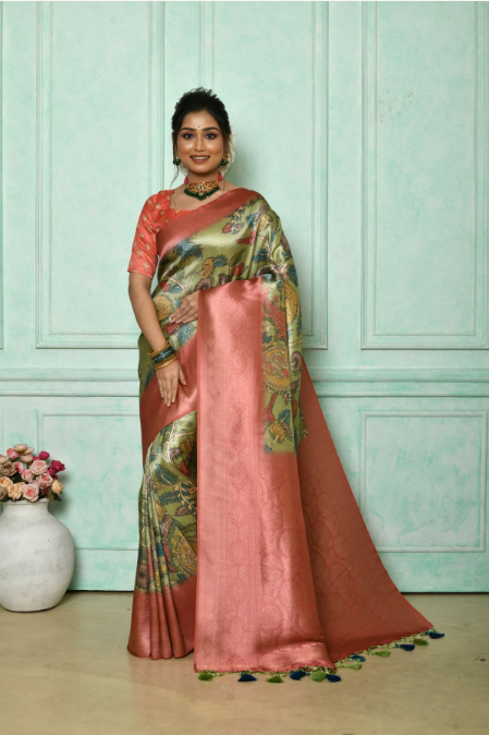 Women's Pista Woven Cotton Silk Saree with Tassels - Vishnu Weaves
