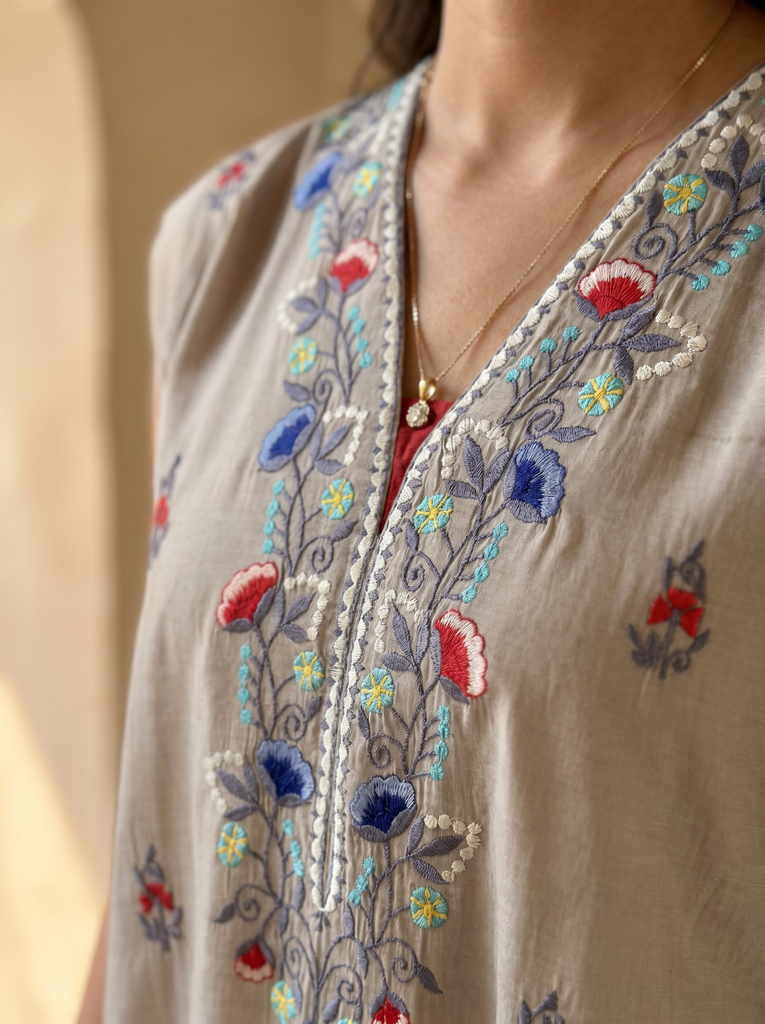 Women's Grey & Red Roman Silk Floral Embroidered Kurta with Patiala Set