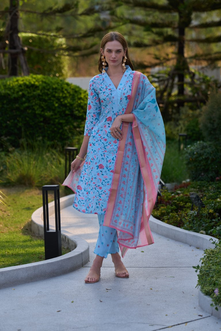 Women's Sky Cotton Printed Kurta Set