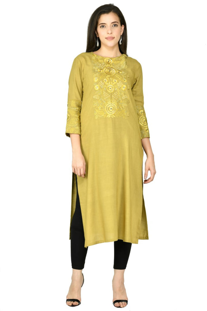 Women's Mehendi Cotton Rayon Embroidery Kurta Set