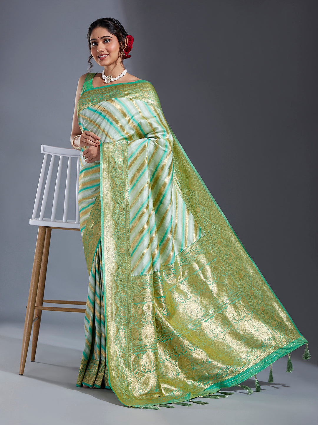 Women's Lime Green & Gold Satin Paisley Zari With Beautiful Leheriya Banarasi Saree - Royal Dwells
