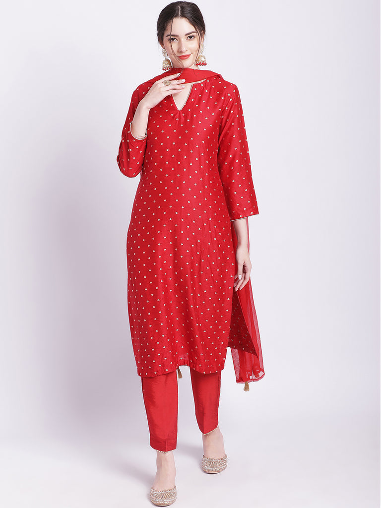 Women's Ethnic Maroon Banarasi Straight Kurti With Straight Pants And Mokaish Dupatta