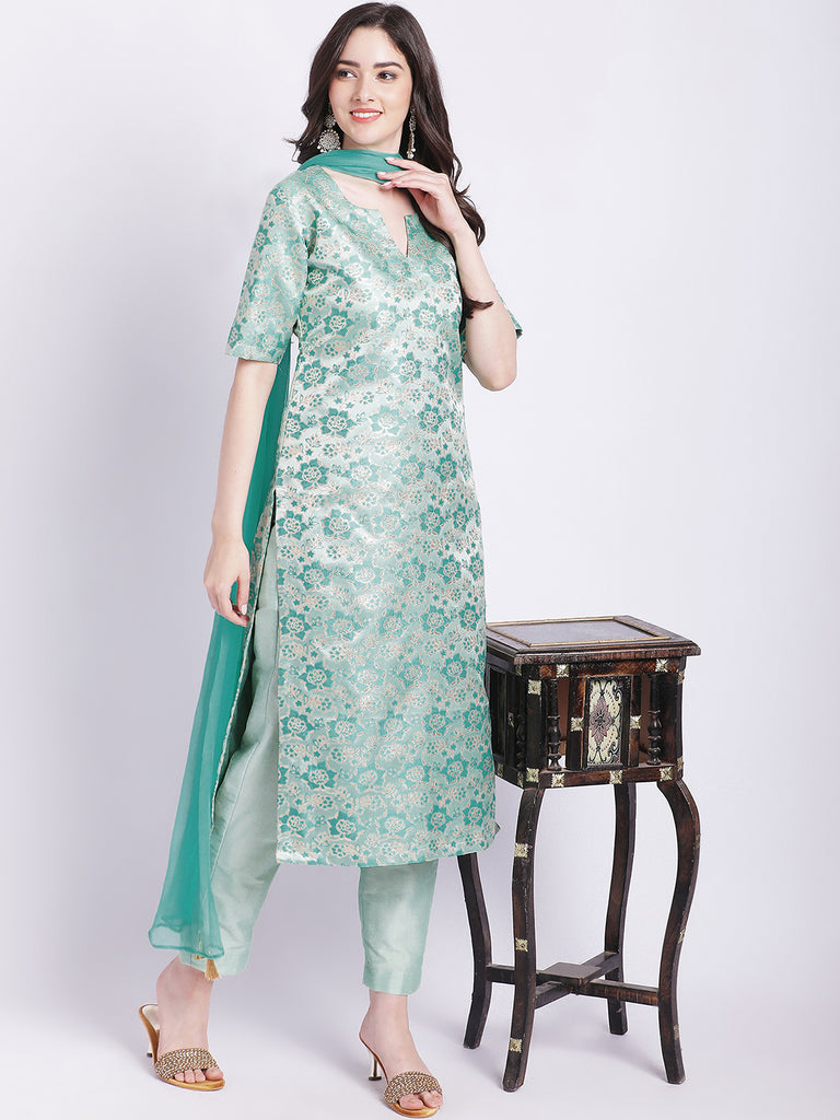 Women's Aqua Green Banarsi Straight Kurti With Pants And Chiffon Dupatta
