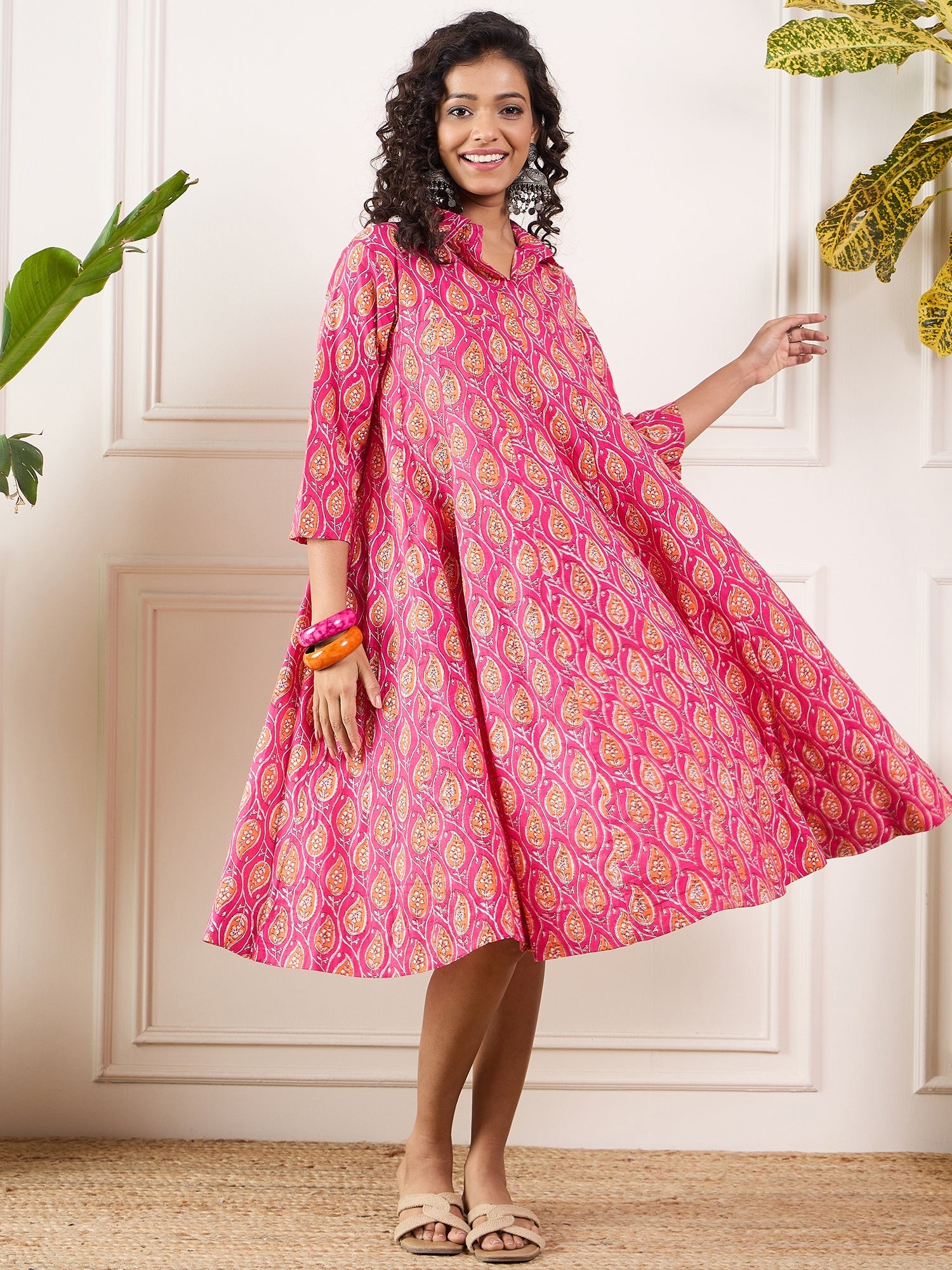 Women's Fuchsia Orange Ajrak Leaves Collar Flared Dress - InWeave