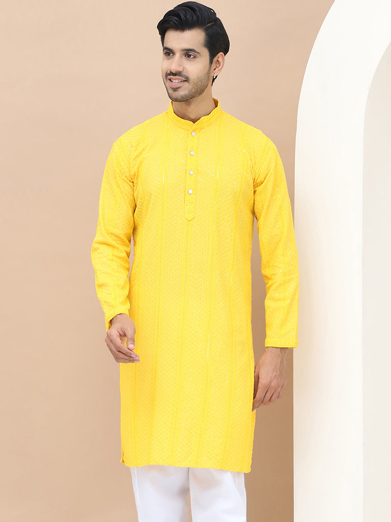 Men's  Yellow Viscose Rayon Embroidered Kurta