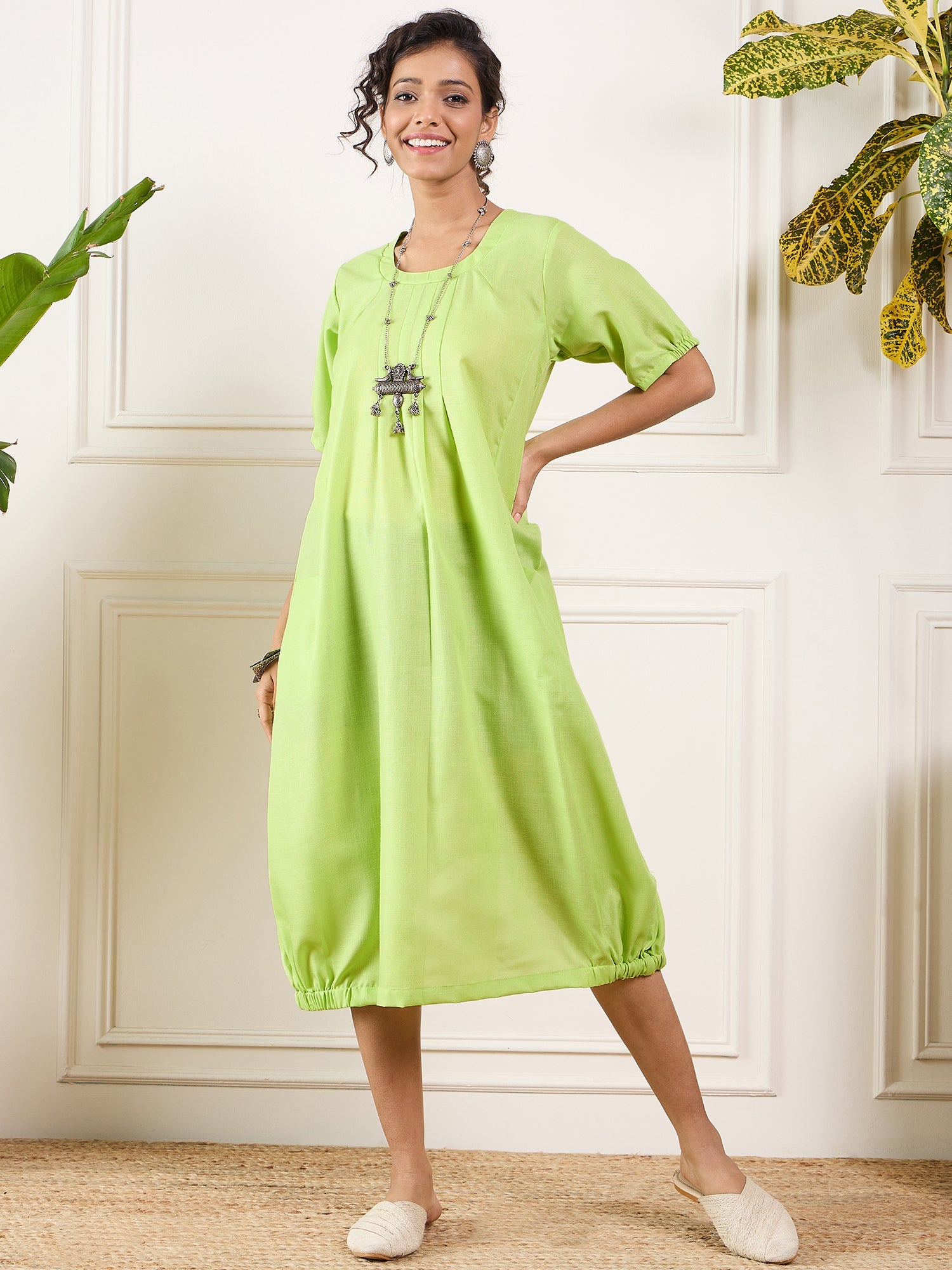 Women's Neon Green Round Neck Short Balloon Dress - InWeave