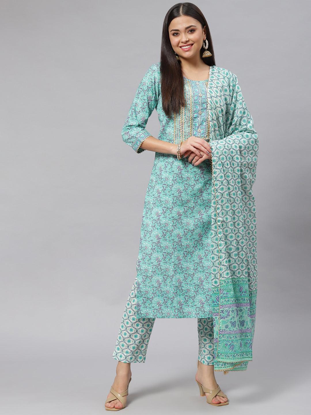 Women's Sea green Cotton kurta Pant set with Dupatta - Taantav