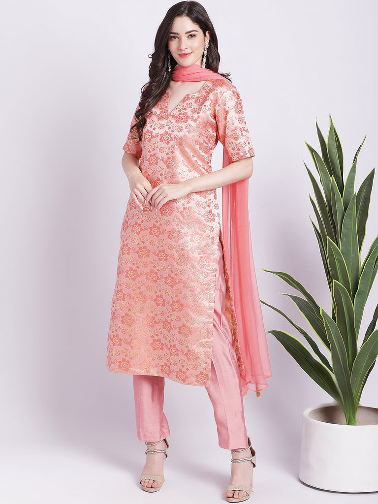 Women's Peach Banarsi Straight Kurti With Pants And Chiffon Dupatta