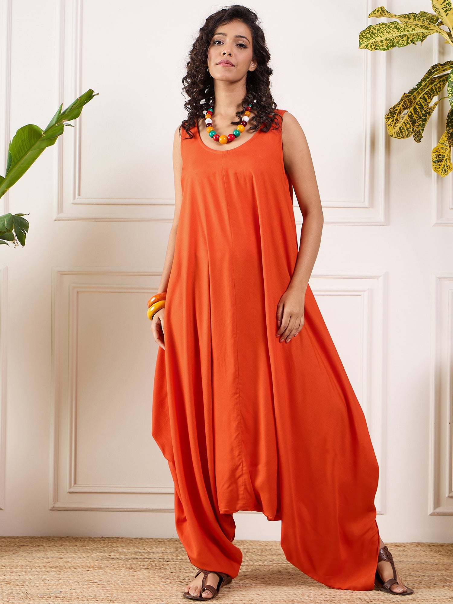 Women's Orange Round Sleeveless Jumpsuit - InWeave