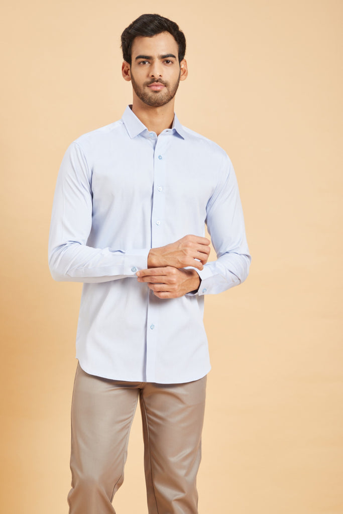 Men's Sky Blue Color Skii Collar Shirt Full Sleeves Casual Shirt