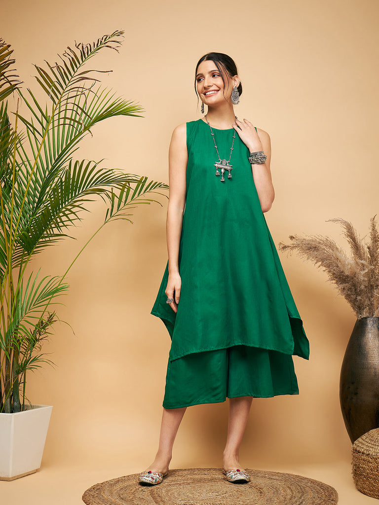 Women's Forest Green Short Kurta Palazzo Set