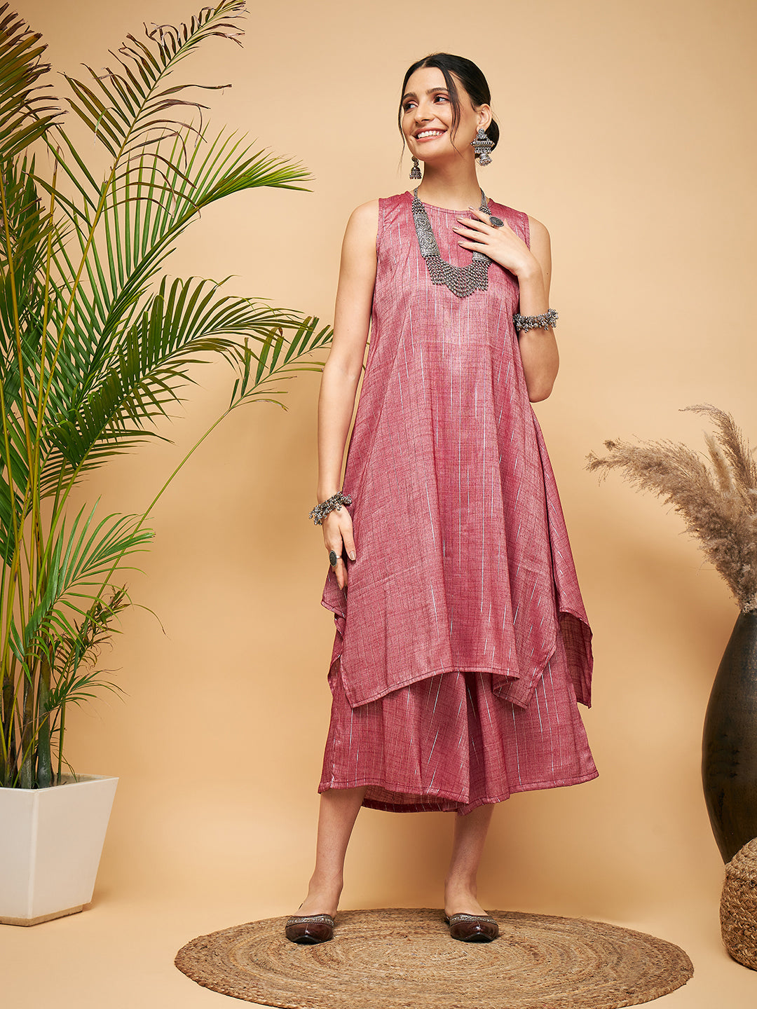 Women's Wine Lurex Short Pallazo Kurta Set - InWeave