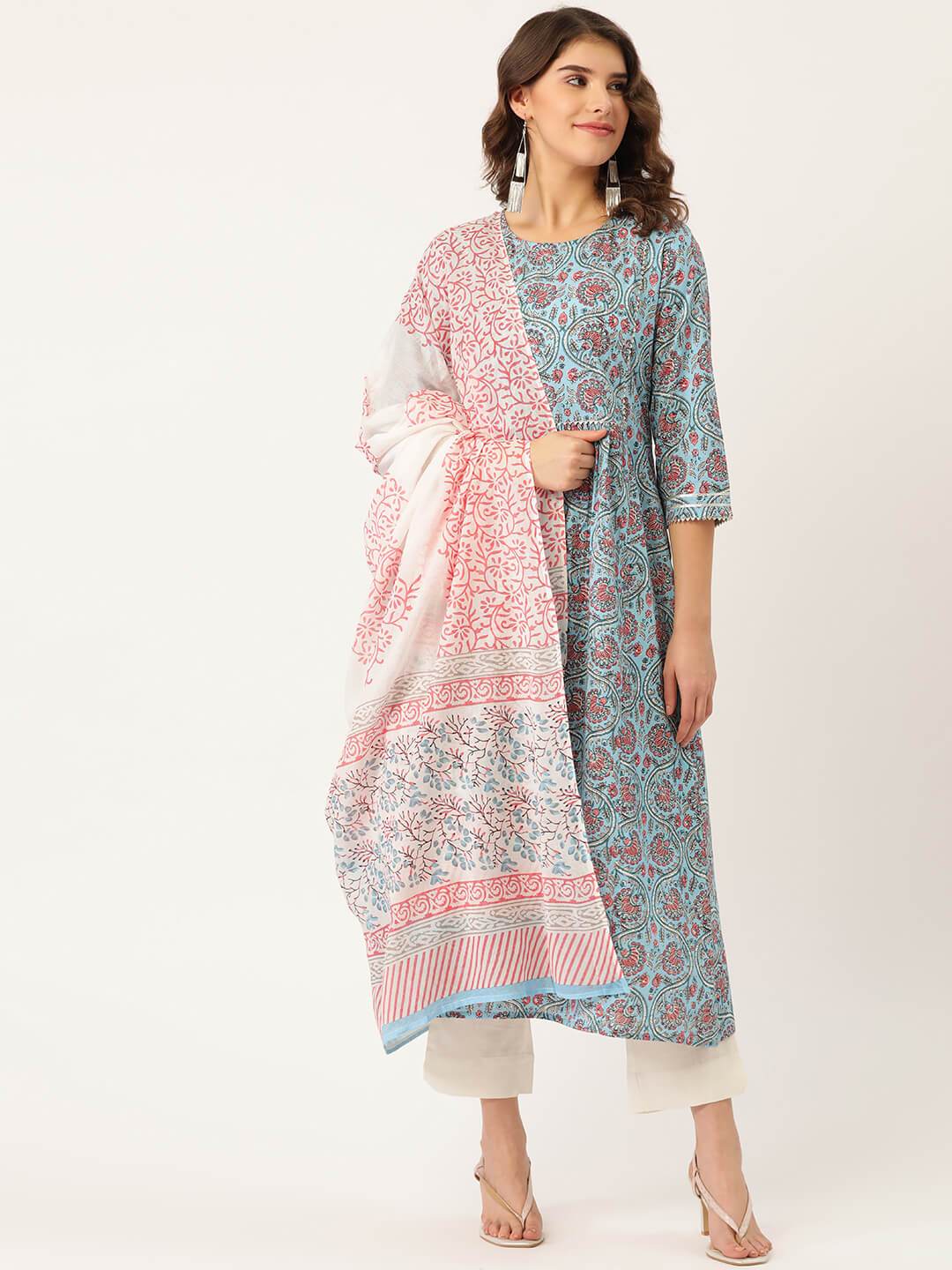 Women's Cotton Printed A-line Kurta Suit Set With Dupatta - Maaesa USA