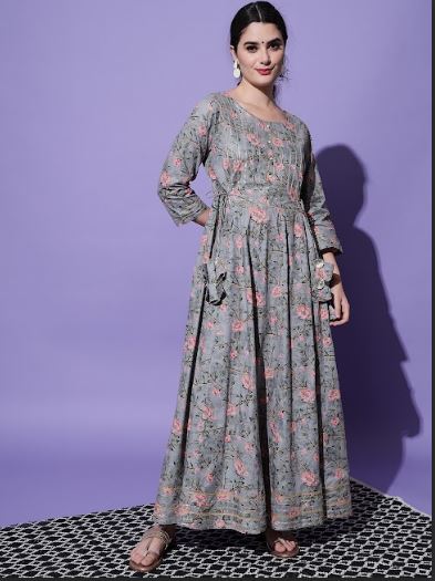 Women's H & N Floral Printed Gota Patti Work Anarkali Kurta