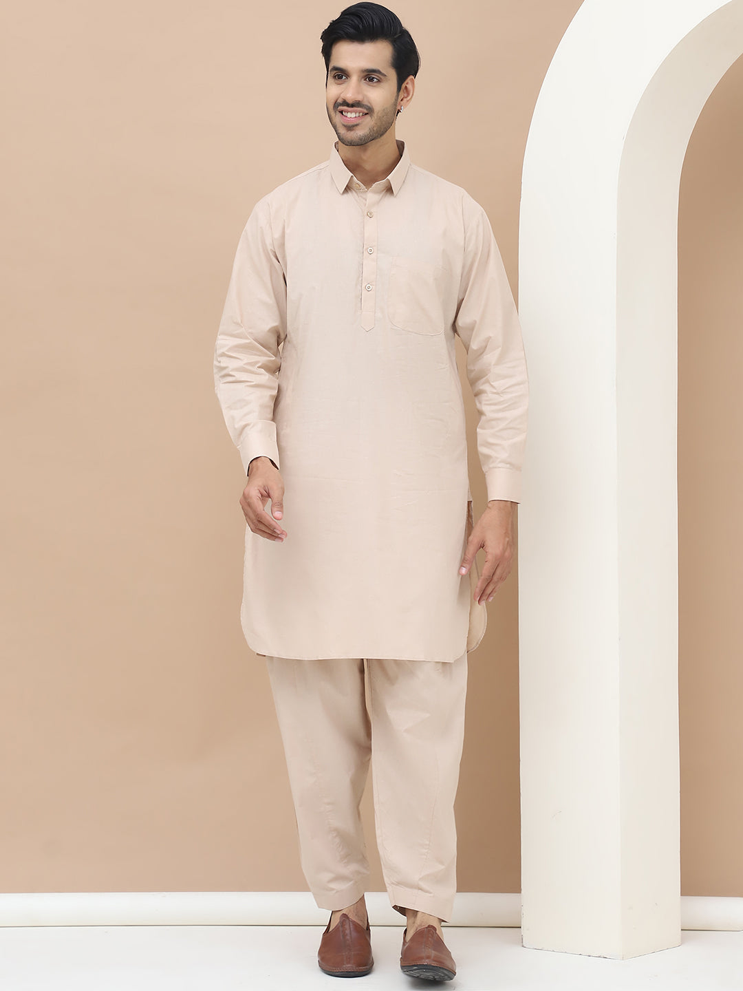 Men's  Beige Cotton Solid Kurta Set - Grage