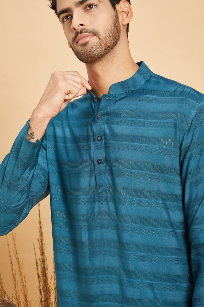 Men's Blue Color Roise Basik Kurta Jacquard