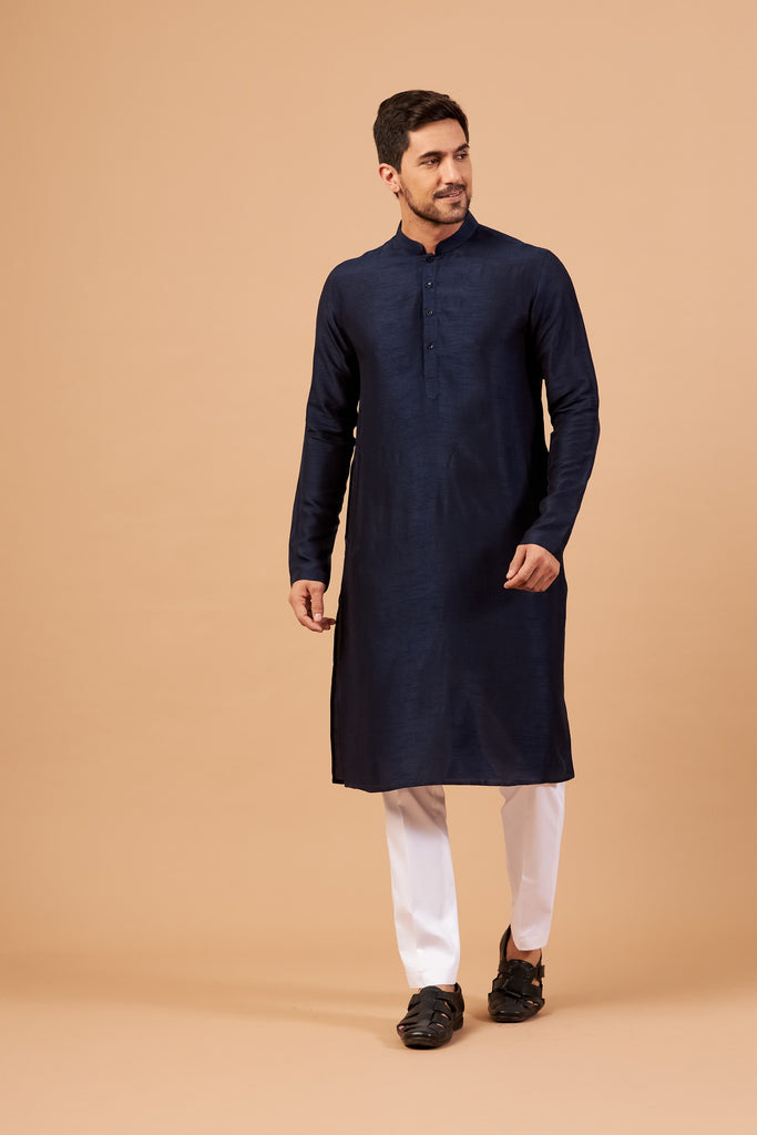 Men's Dark Blue Color Plain Kurta Falling Raw Silk
