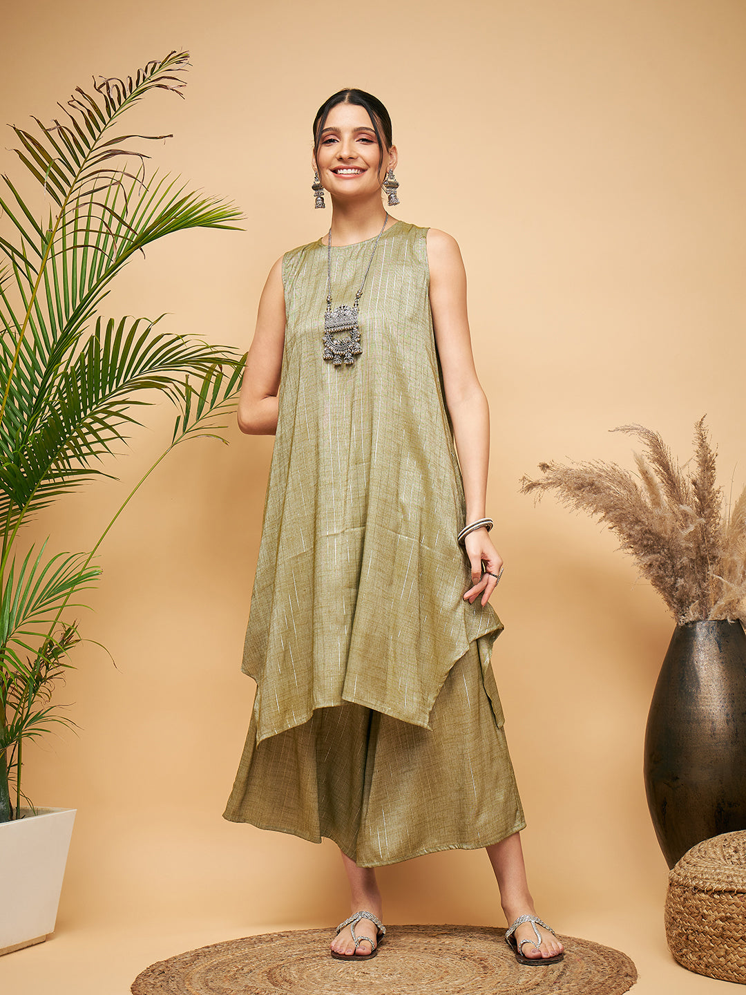 Women's Olive Lurex Short Pallazo Kurta Set - InWeave