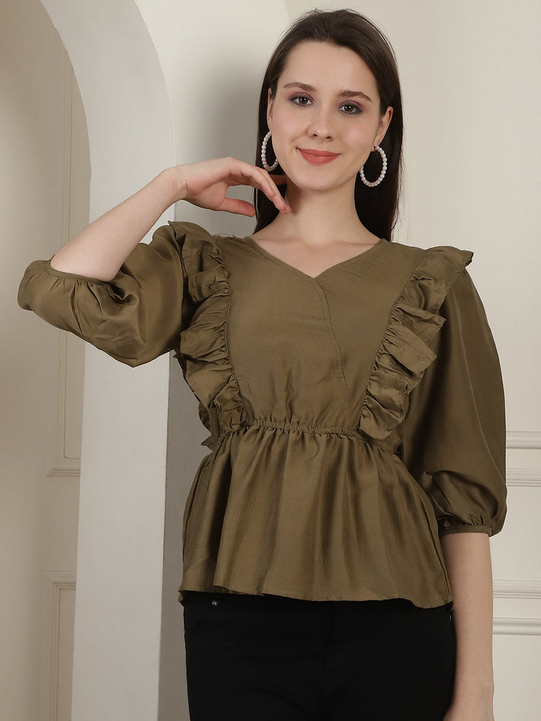 Women's Brown Solid Women's Top With Frills