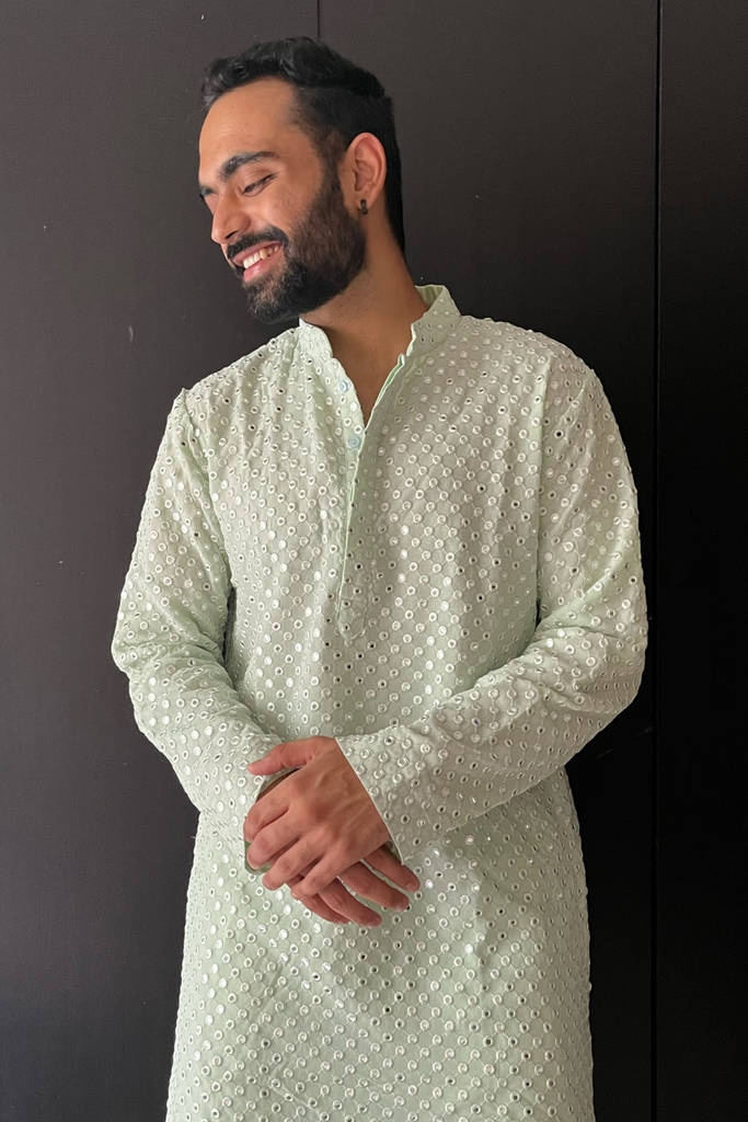 Men's Pista Green Color Pista Green Mirror Kurta