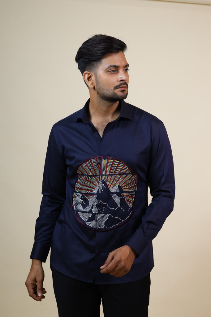 Men's Navy Color Keitha Designer Mountain Embroidered Shirt Full Sleeves Casual Shirt