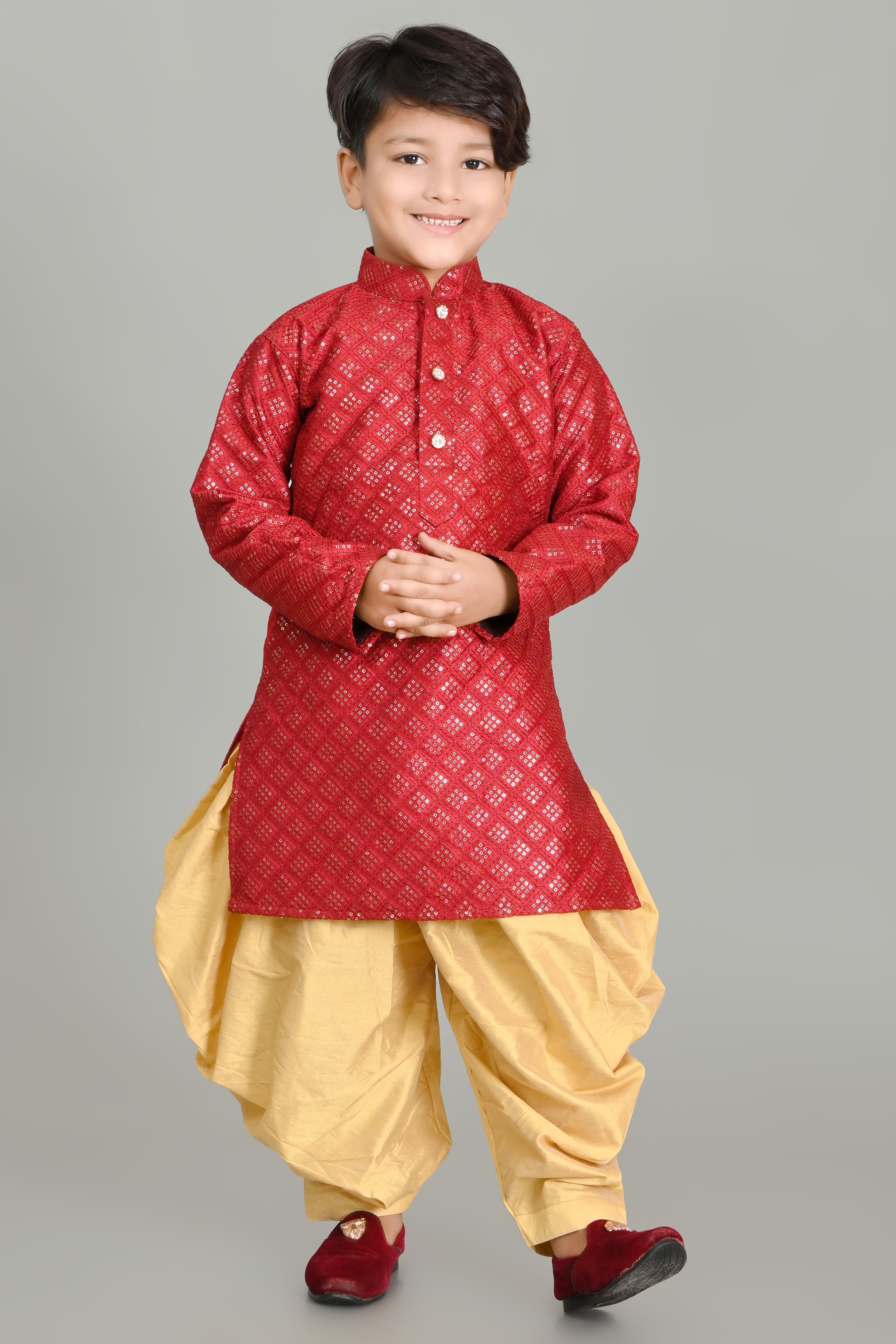 Boy's Dupion Silk  Embroidery & Sequins Work Kurta And Patiyala Set - Nfc Creation