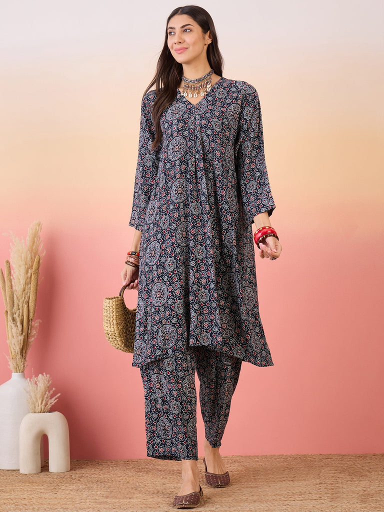 Women's Navy Maroon Ajrakh Foil V Neck Kurta Pant Set