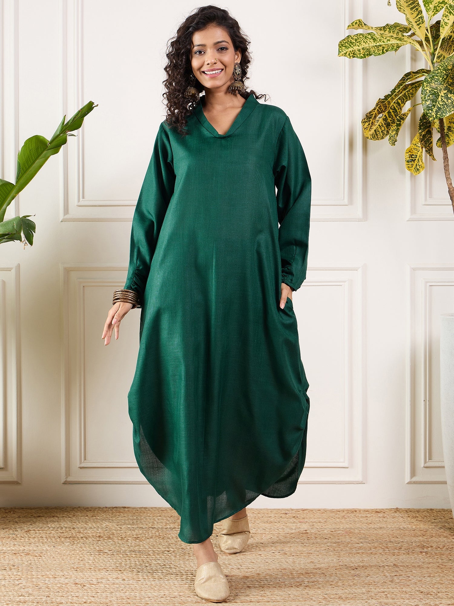 Women's Dark Green Shawl Neck Pleat Dress - InWeave