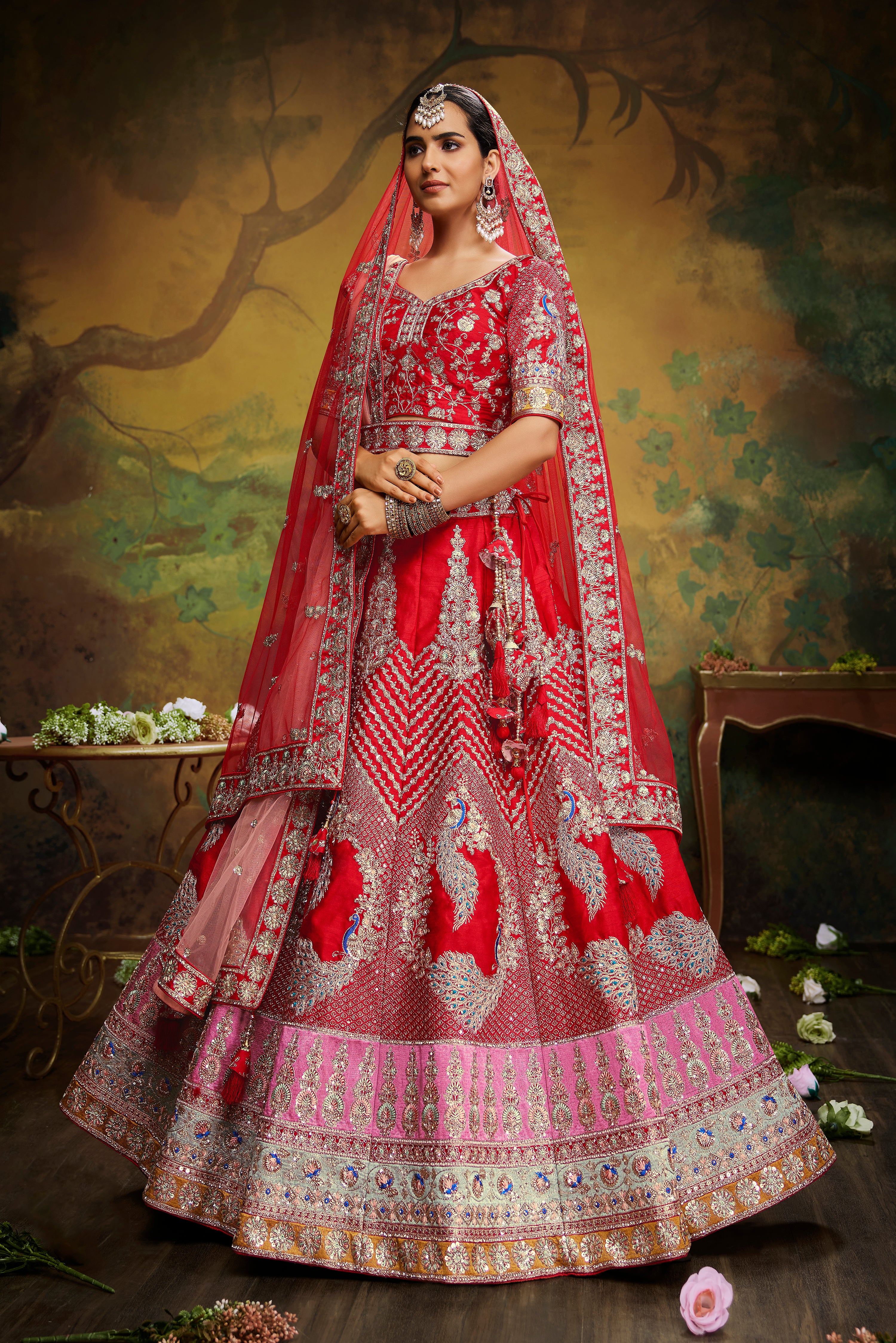 Women 's Red Pure Silk Moti & Zarkan heavy embroidery Ready to Wear Lehenga choli & Dupatta - Royal Dwells