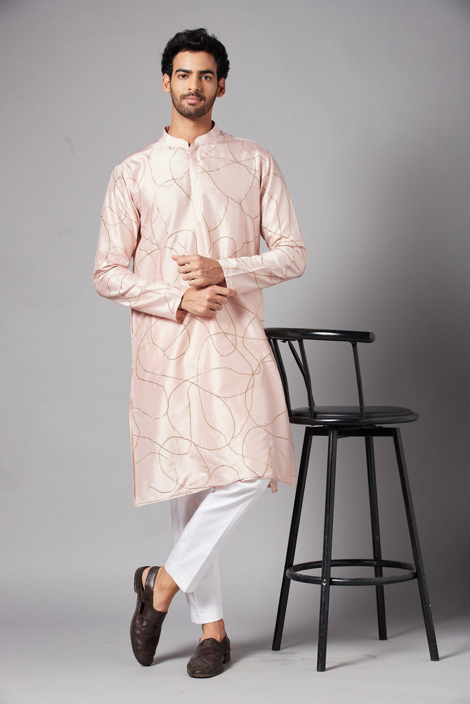 Men's Peach Color Ilara Gold Zari Abstarct Embroidered Kurta Dupion