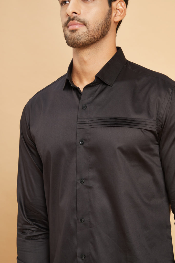 Men's Black Color Ragic Pintuck Shirt Full Sleeves Casual Shirt