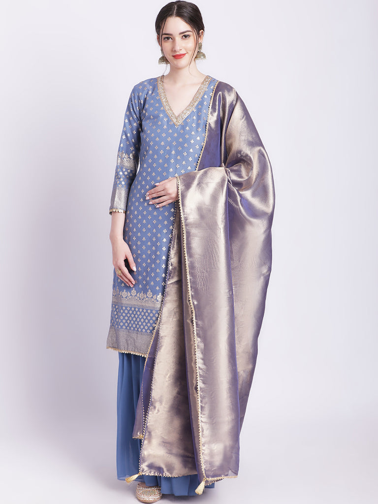 Women's Dusty Blue Badla Kurti With Gathered Palazzo And Organza Shine Dupatta
