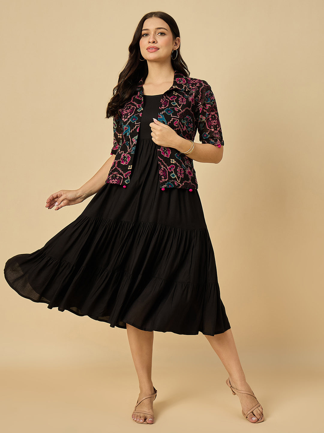 Women's Black Rayon Dress with Jacket Black / M