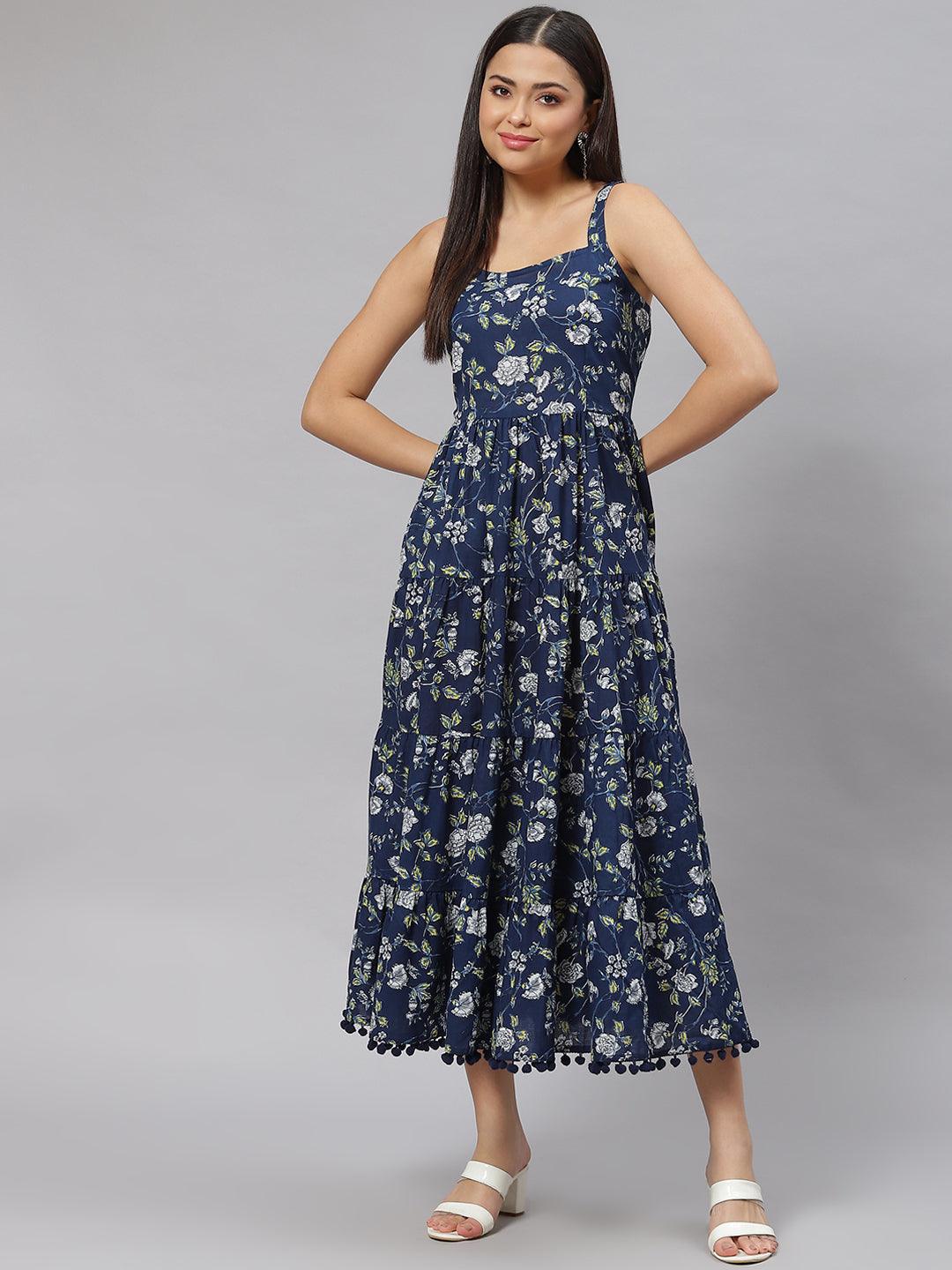 Women's Blue Floral Shoulder Strip Long Dress 7XL / Blue | Trendia Global Women's Blue Floral Shoulder Strip Long Dress 7XL / Blue | Trendia Global