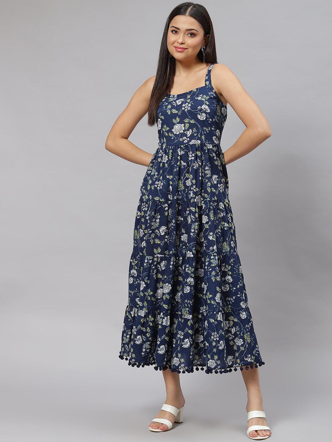 Women's Blue Floral Shoulder Strip Long Dress - Taantav