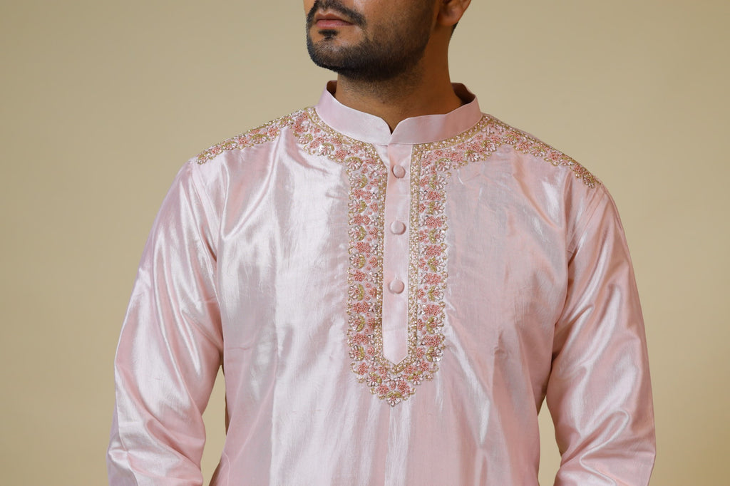 Men's Pink Color Light Coral Embroidered Collar Designer Kurta Dupion