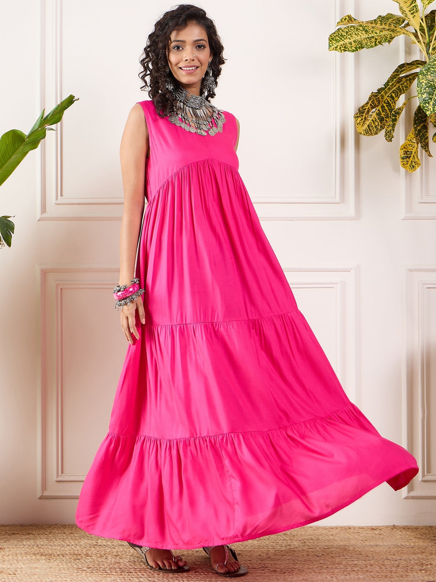 Women's Pink V Neck Sleeveless Long Tiered Dress - InWeave